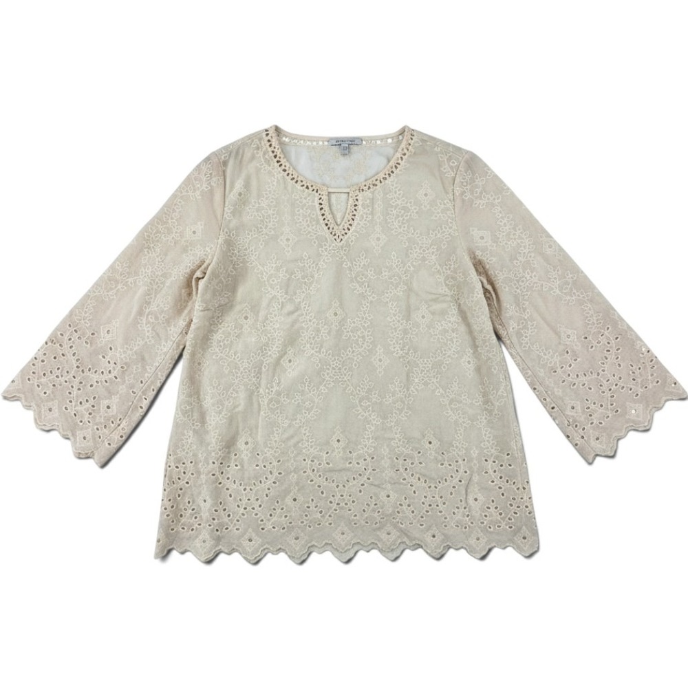 John Mark Top Womens L Eyelet Embroidered Tunic Beige Bell Sleeve NEW